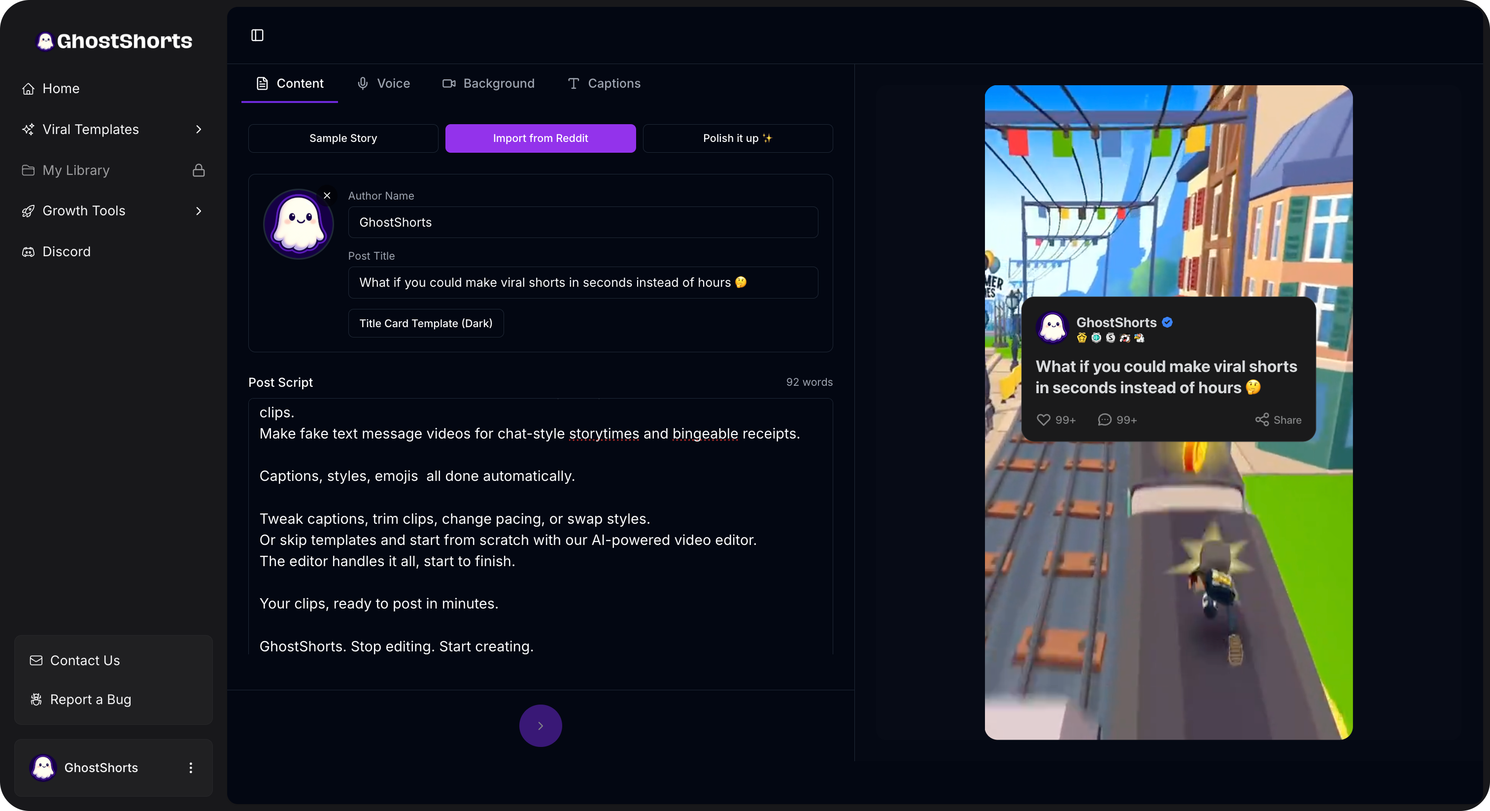 Demo of GhostShorts Reddit Story Video Generator